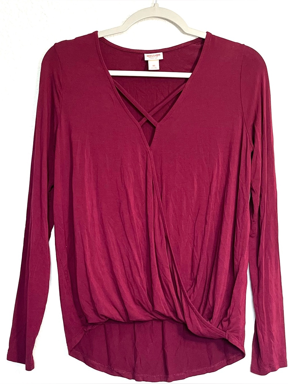 MOSSIMO Supply Co Maroon Criss Cross Long Sleeve Wrap Top XS Vampy Drape Relaxed
